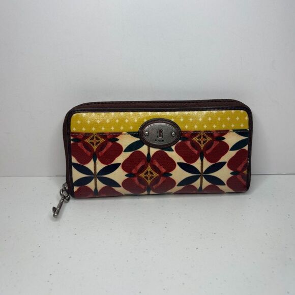 Fossil Key Per Red Yellow Floral Coated Canvas Card Zip Wallet Vintage - Picture 1 of 10